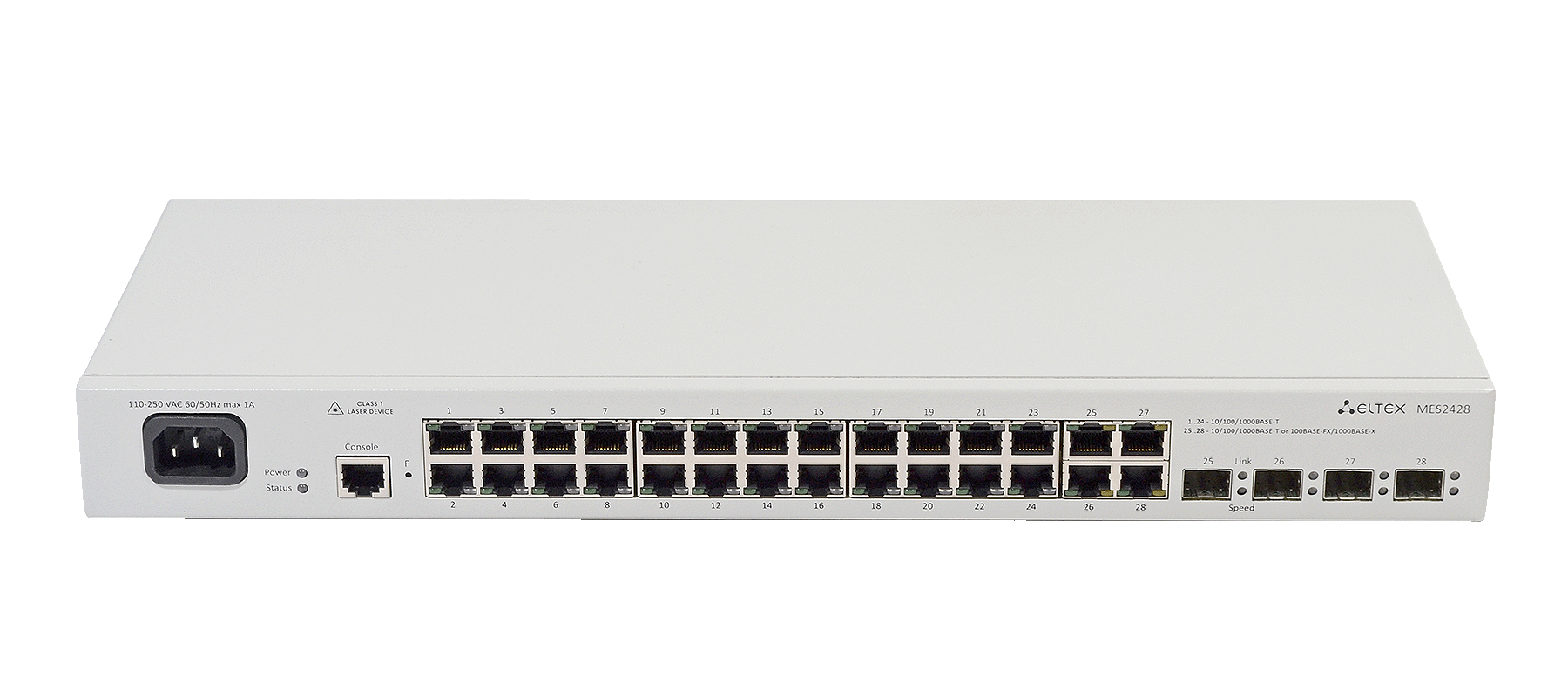 Ethernet-коммутатор MES2428P, 24xPoE/PoE+ (1G) + 4xCombo (RJ45/SFP), L2, 220V AC